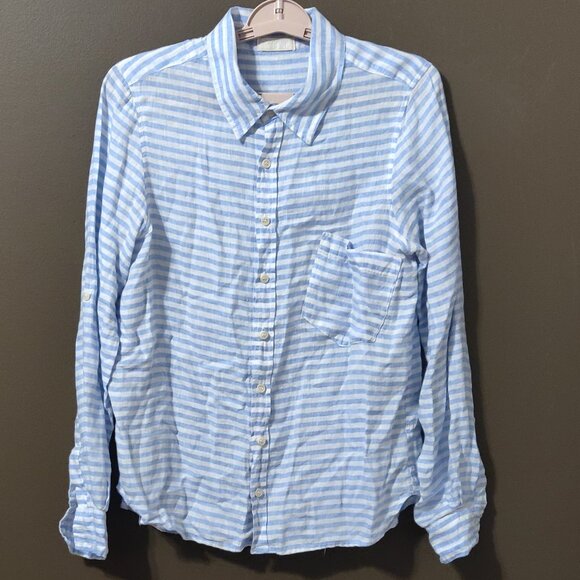 CP Shades Blue & White Stripe Linen Roll Tab Long Sleeve Button Up SMALL - Picture 1 of 7